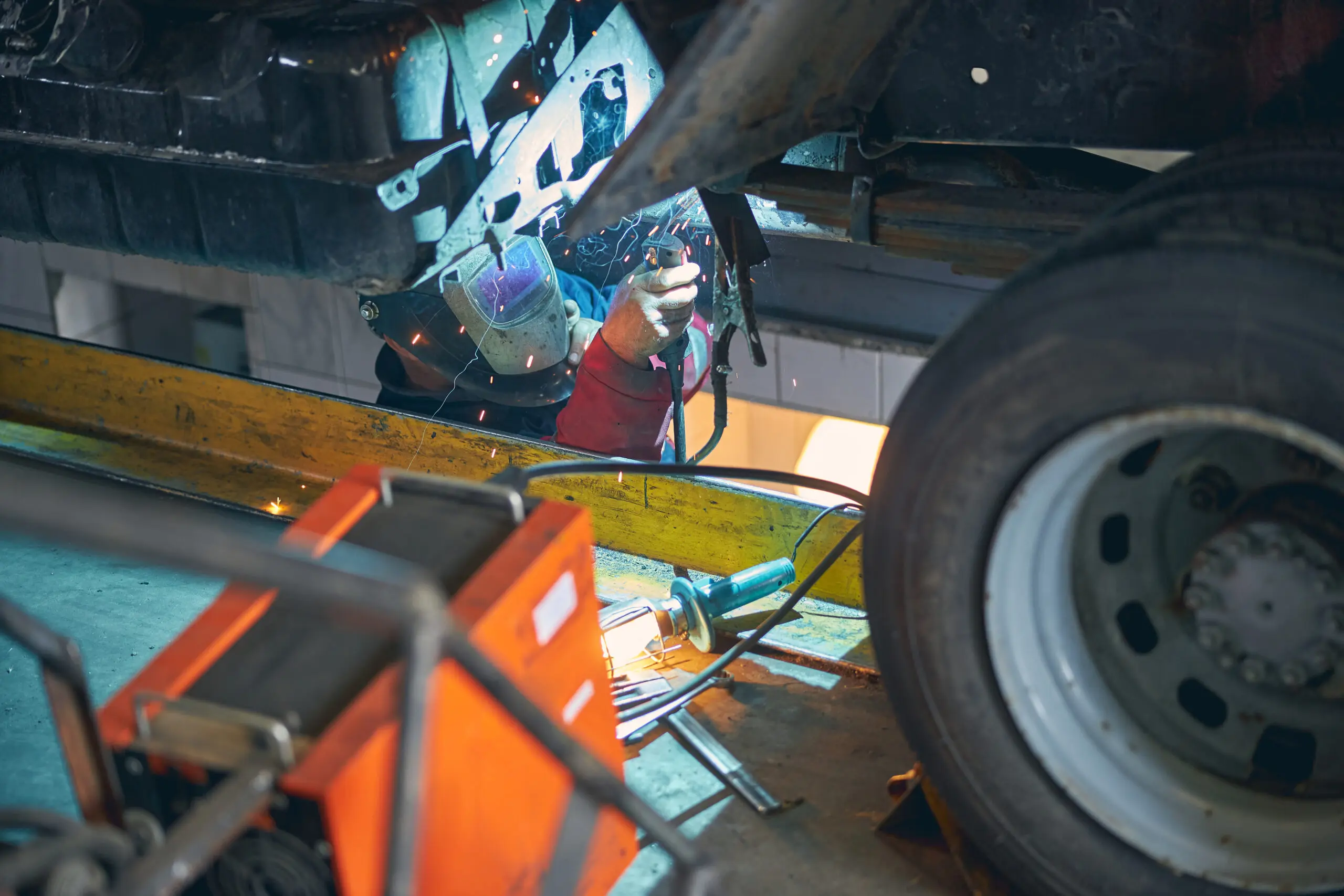 Close up of welder doing danger work